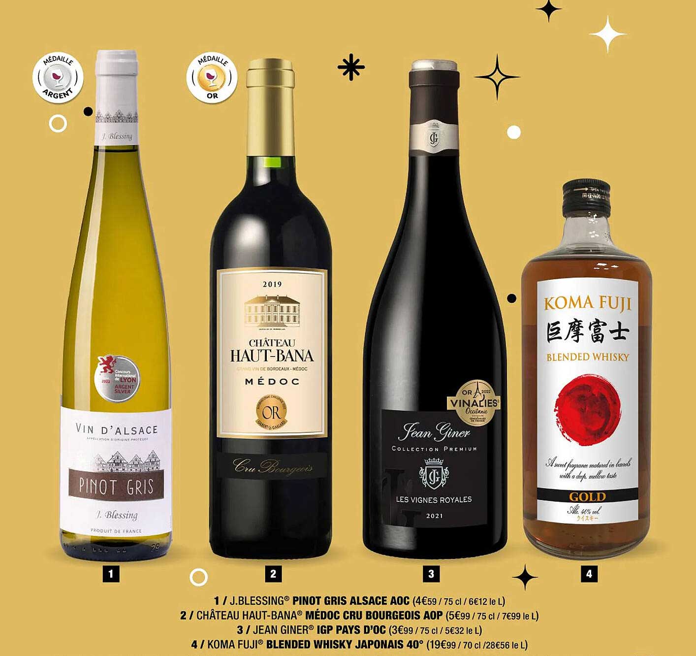 pinot gris alsace aoc j.blessing, médoc cru bourgeois aop château haut-bana, igp pays d'oc jean giner, blended whisky japonais 40° koma fuji
