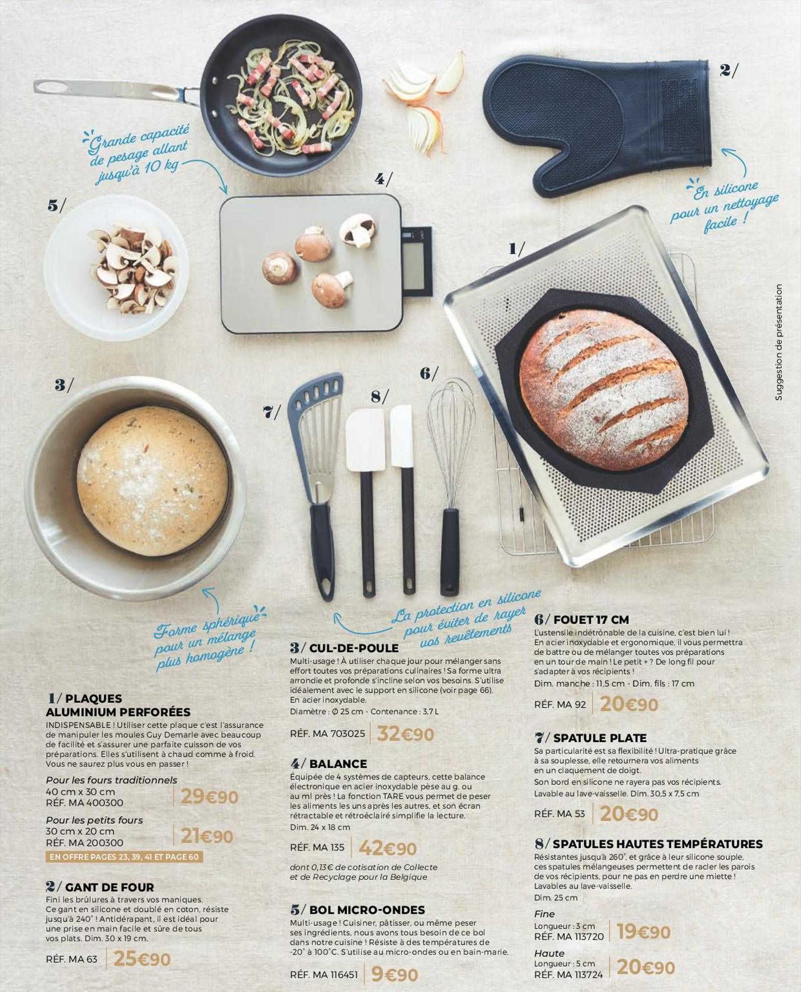 plaques aluminium perforées, gant de four, cul-de-poule, balance, bol micro-ondes, fouet 17cm, spatule plate, spatules hautes températures