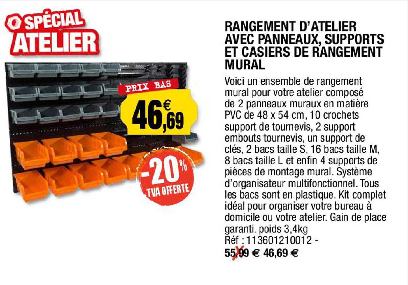 rangement d'atelier avec panneaux, supports et casiers de rangement mural