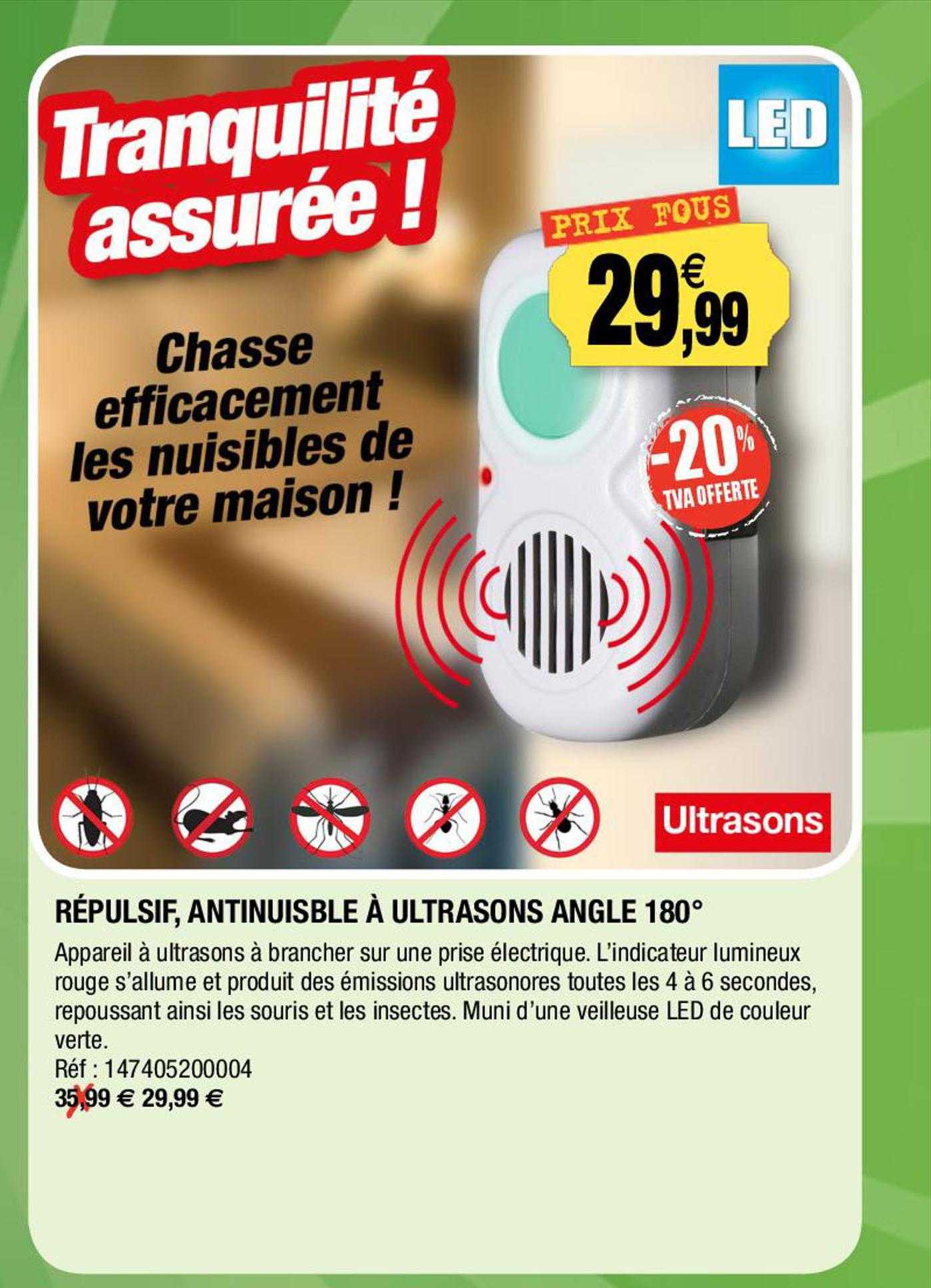 répulsif, anti nuisible à ultrasons angle 180°