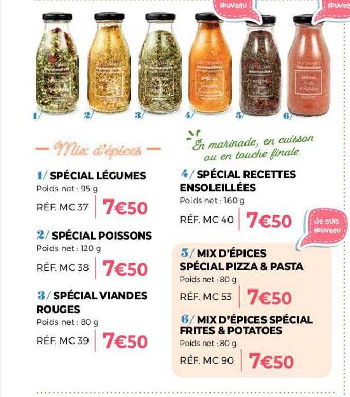 spécial légumes, spécial poissons, spécial viandes rouges, spécial recettes ensoleillées, mix d'épices spécial pizza & pasta, mix d'épices spécial frites & potatoes