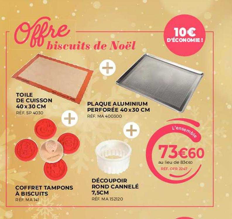 toile de cuisson 40 x 30 cm, plaque aluminium perforée 40 x 30 cm, coffret tampons à biscuits, découpoir rond cannelé 7,5 cm