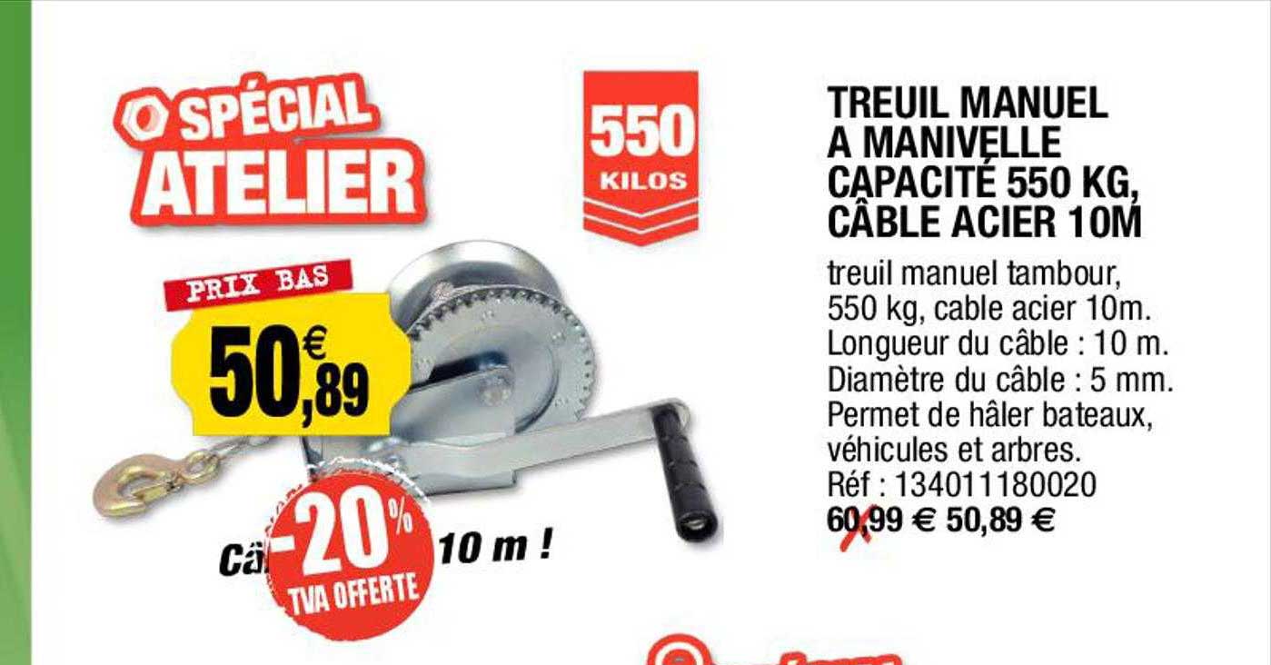 treuil manuel à manivelle capacité 550 kg, câble acier 10 m