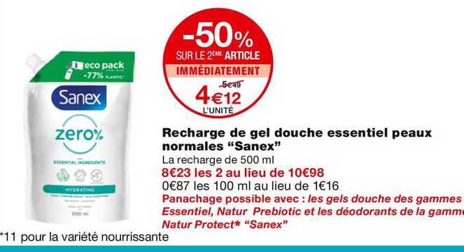 -50% sur le 2ème article recharge de gel douche essential peaux normales "sanex"