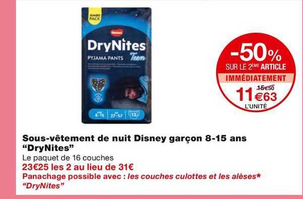 -50% sur le 2ème article sous-vêtement de nuit disney garçon 8-15 ans "drynites"