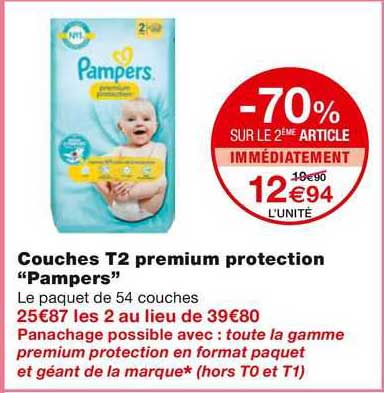 -70% Sur Le 2ème Article Couches T2 Premium Protection "pampers"