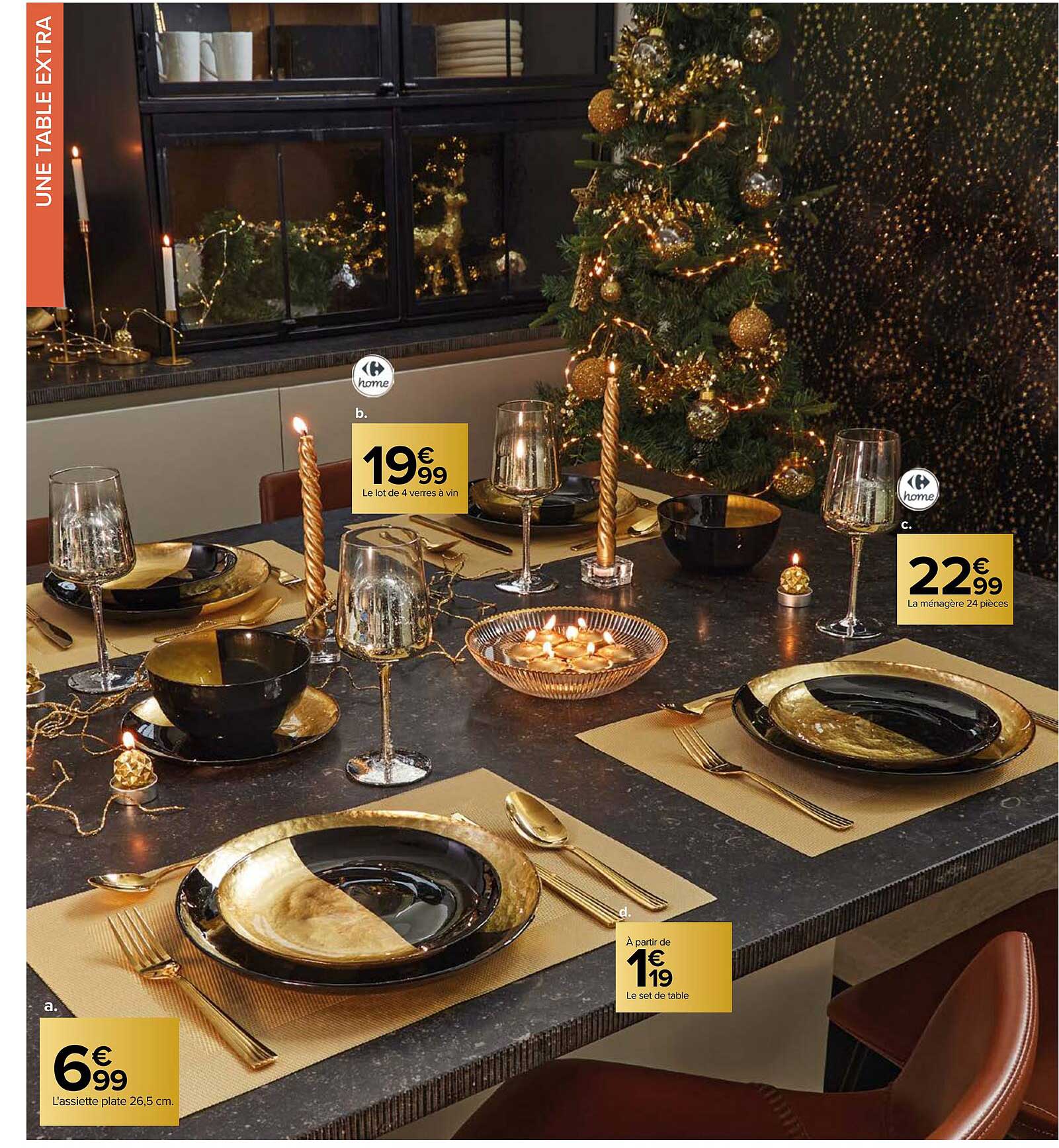 l'assiette plate 26,5 cm, le set de table, le lot de 4 verres à vin carrefour home, la ménagère 24 pièces carrefour home