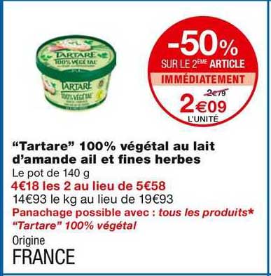 "tartare" 100% végétal au lait d'amande ail et fines herbes