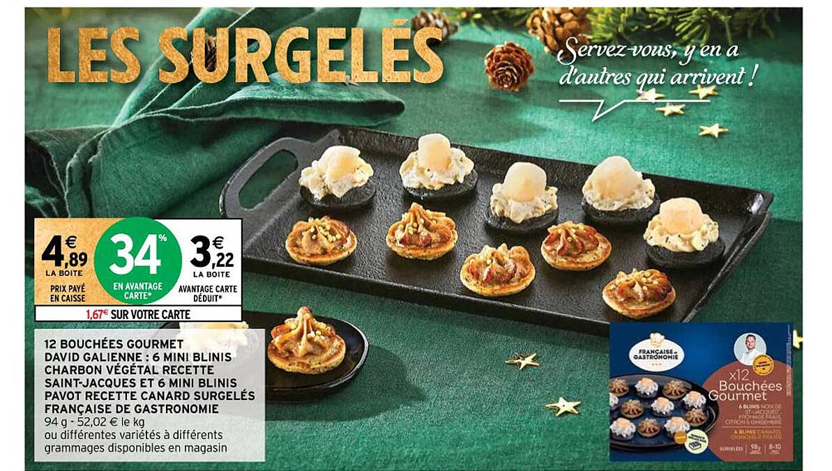 12 bouchées gourmet david  galienne: 6 mini blinis  charbon  végétal recette saint-jacques et 6 mini blinis pavot recette canard surgelés française de gastronomie