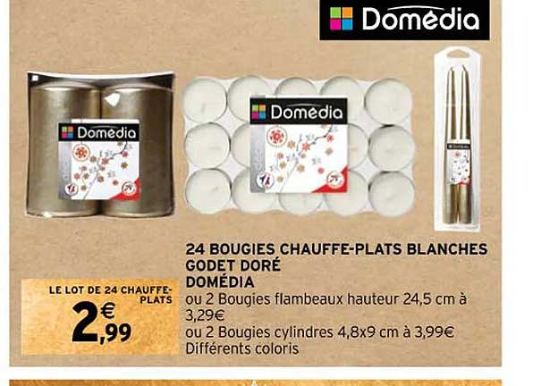 24 bougies chauffe-plats blanches godet doré domédia