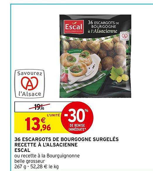 36 escargots de bourgogne surgelés recette à l'alsacienne escal -30% de remise immédiate