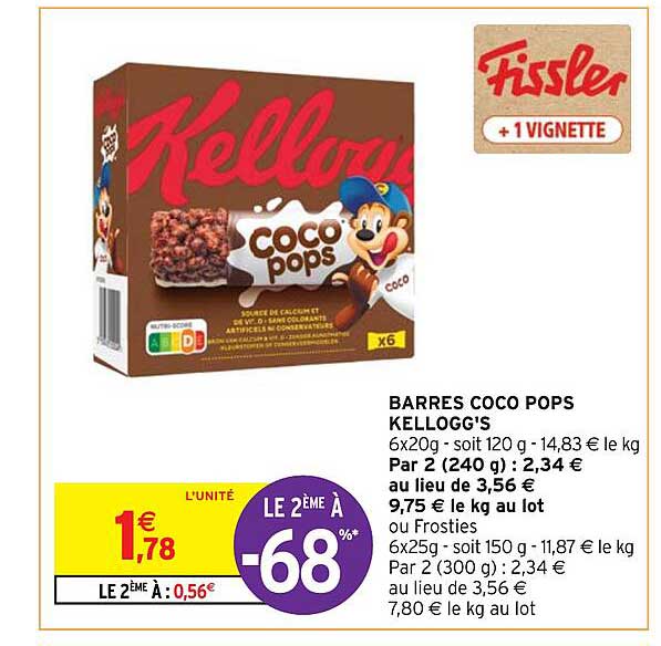 Barres Coco Pops Kellogg's Le 2ème à -68%