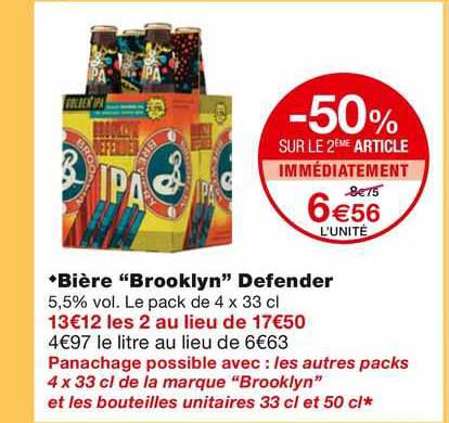 bière "brooklyn" defender -50% sur le 2ème article