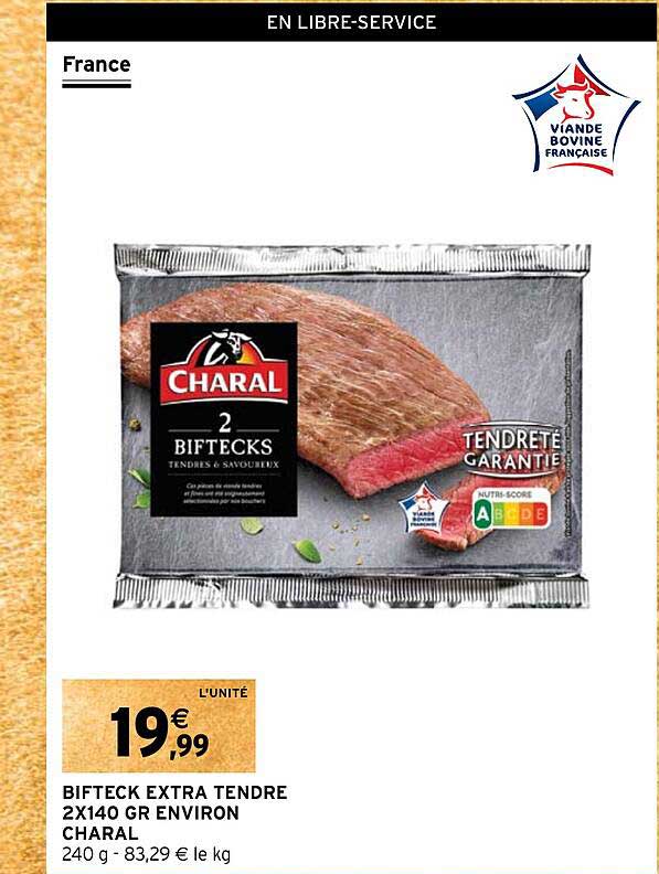 bifteck extra tendre 2x140 gr environ charal