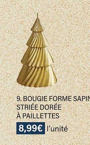 bougie forme sapin striée dorée à paillettes