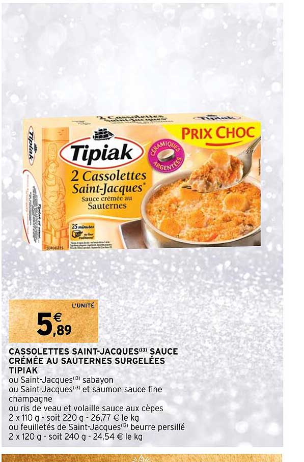 cassolettes saint-jacques sauce crémée au sauternes surgelées tipiak