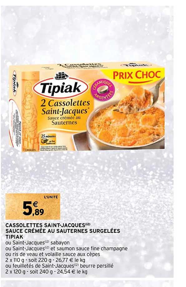 cassolettes saint-jacques  sauce  crémée au sauternes surgelées tipiak