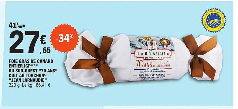 foie gras de canard entier igp***du sud-ouest "70 ans" cuit au torchon "jean larnaudie"