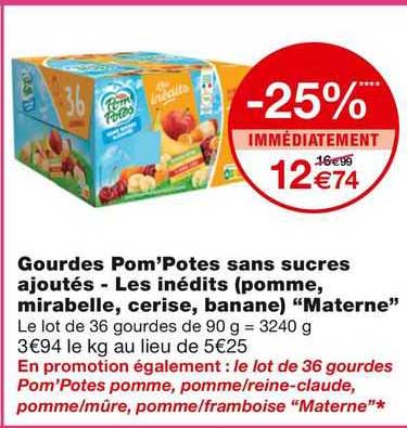 Gourdes Pom'potes Sans Sucres Ajoutés - Les Inédits (pomme, Mirabelle, Cerise, Banane) "materne"