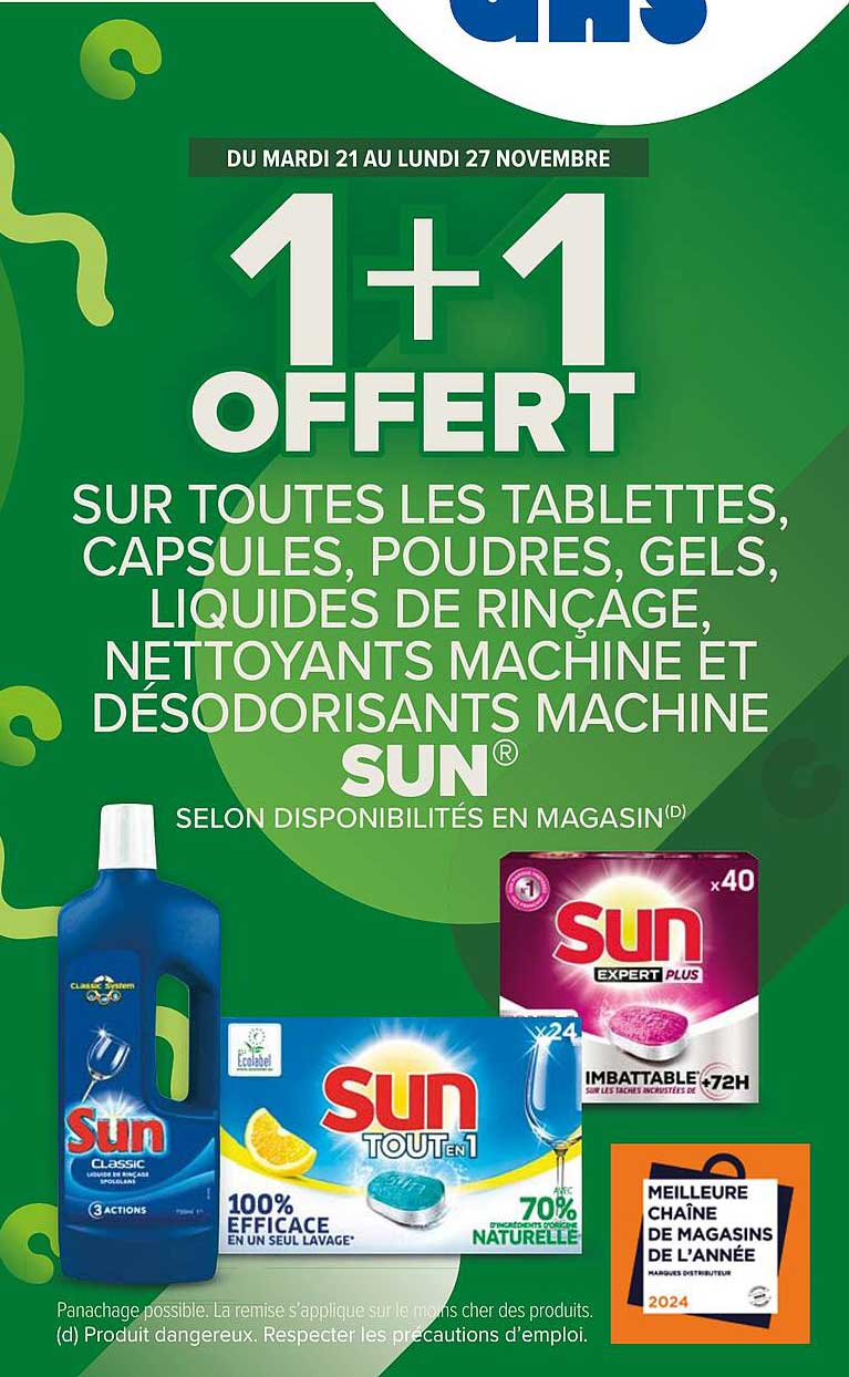 les tablettes, capsules, poudres, gels, liquides de rinçage, nettoyants machine et désodorisants machine sun