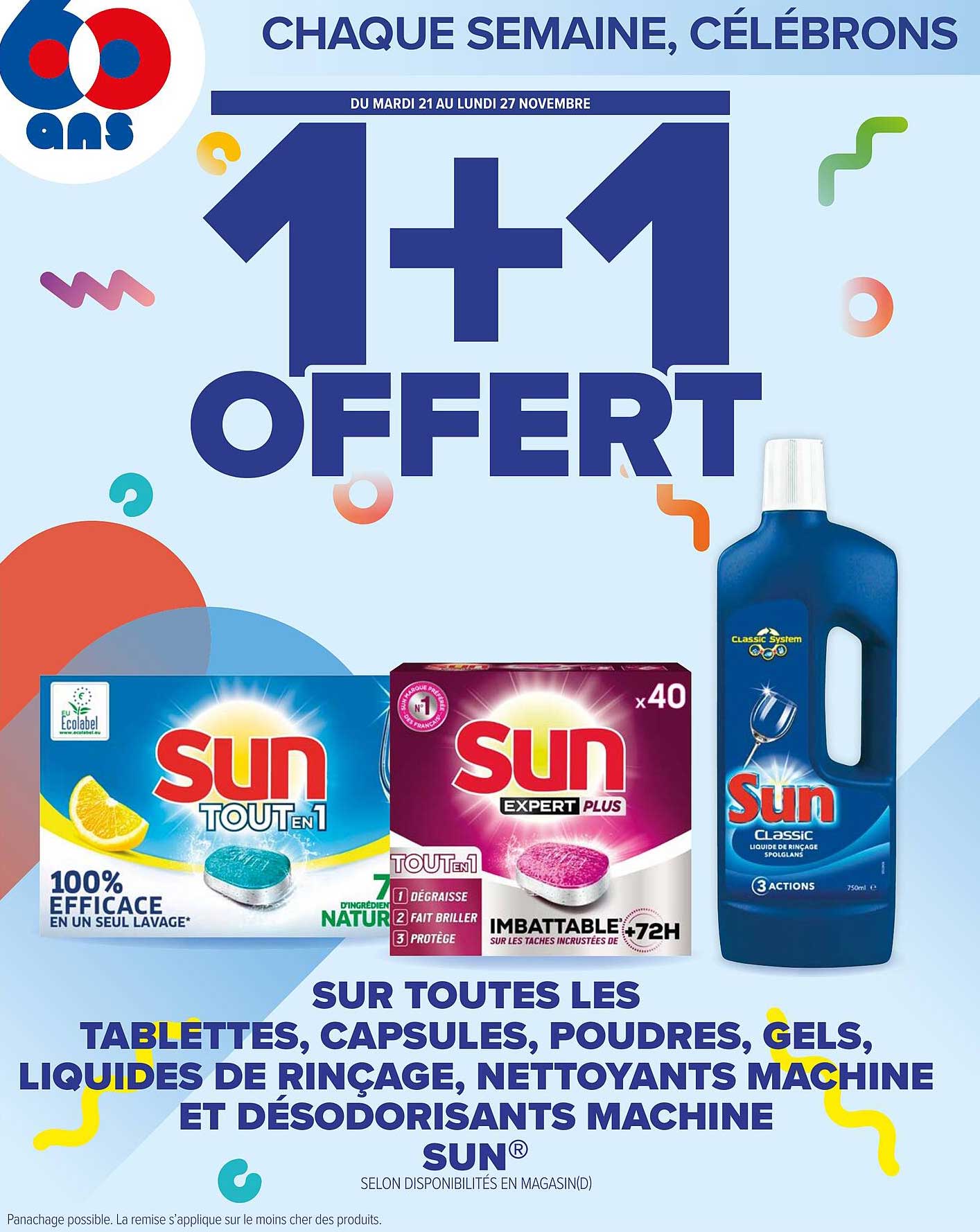 les tablettes, capsules, poudres, gels, liquides de rinçage, nettoyants machine et désodorisants machine sun