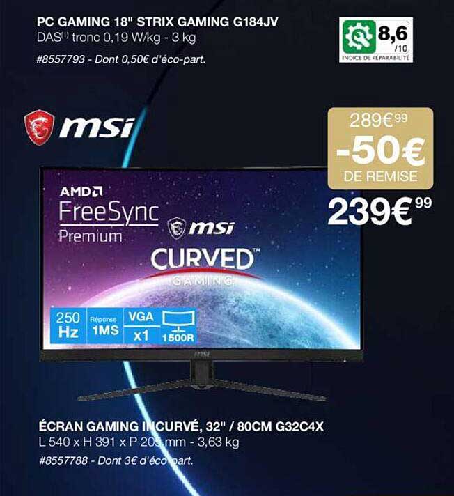 pc gaming 18" strix gaming msi, écran gaming incurvé, 32"/80 cm msi