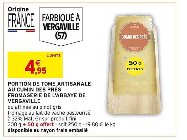 Portion De Tome Artisanale Au Cumin Des Prés Fromagerie De L'abbaye De Vergaville