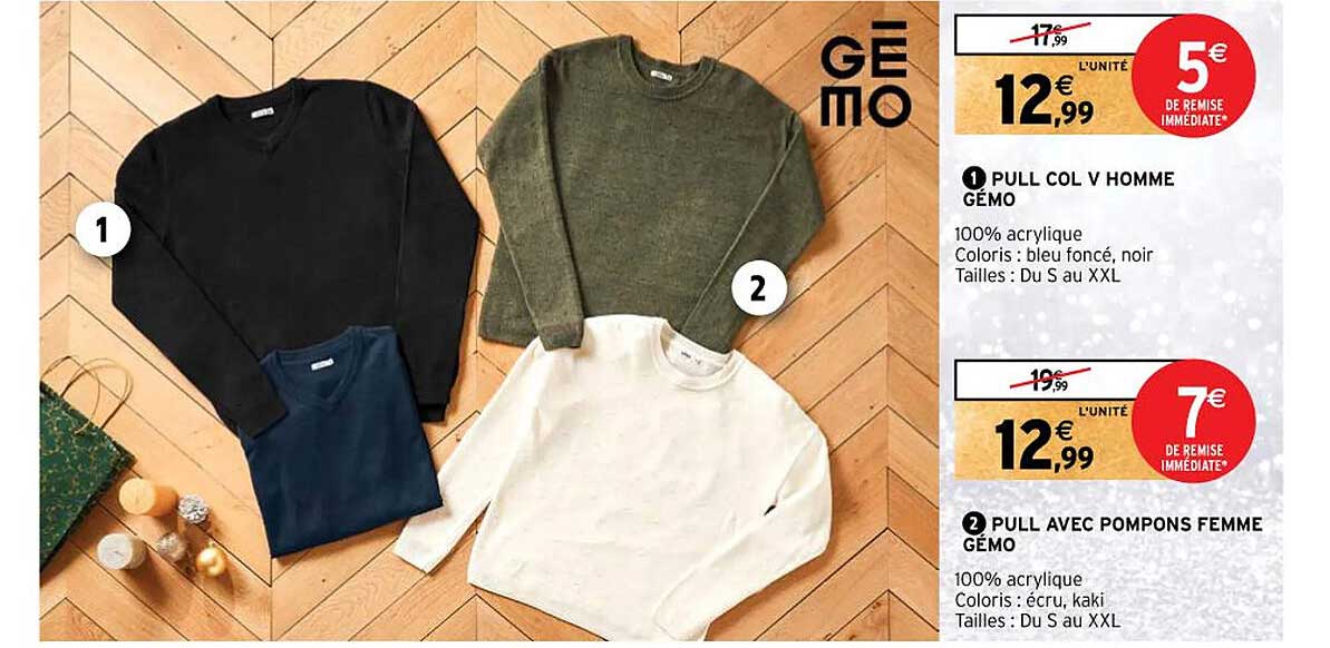 pull col v homme gémo ou pull avec pompons femme gémo