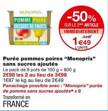 Purée Pommes Poires "monoprix" Sans Sucres Ajoutés