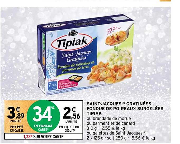saint-jacques gratinées  fondue de poireaux surgelées tipiak
