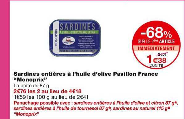 sardines entières à l'huile d'olive pavillon france "monoprix"