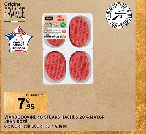 viande bovine : 8 steaks hachés 20% mat.gr jean rozé