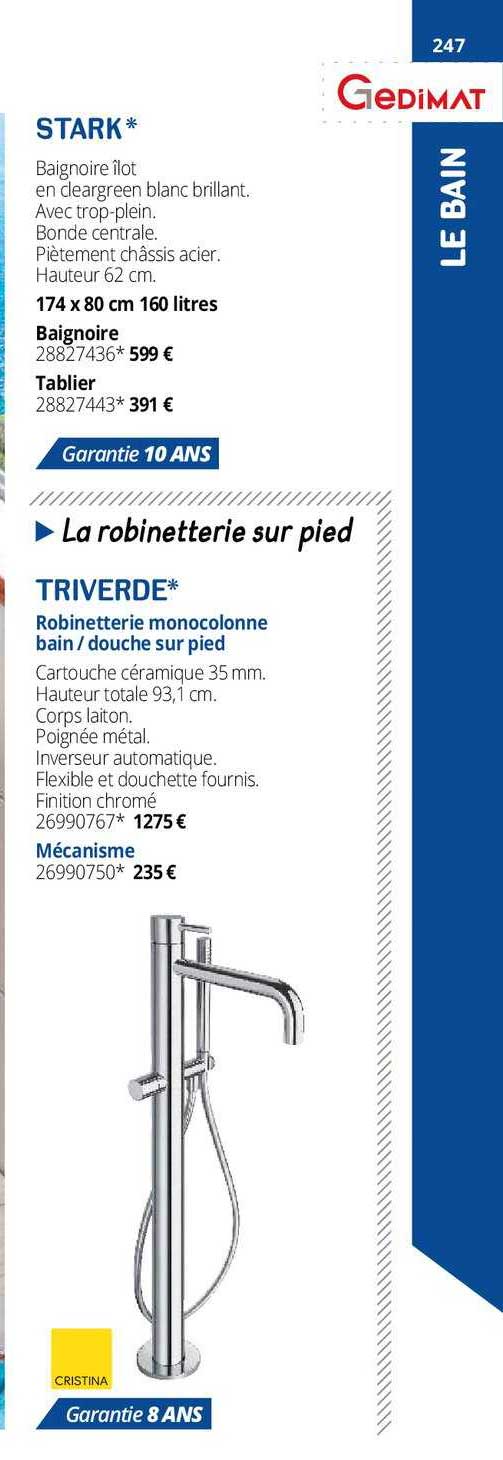 baignoire îlot stark, robinetterie monocolonne bain-douche sur pied triverde