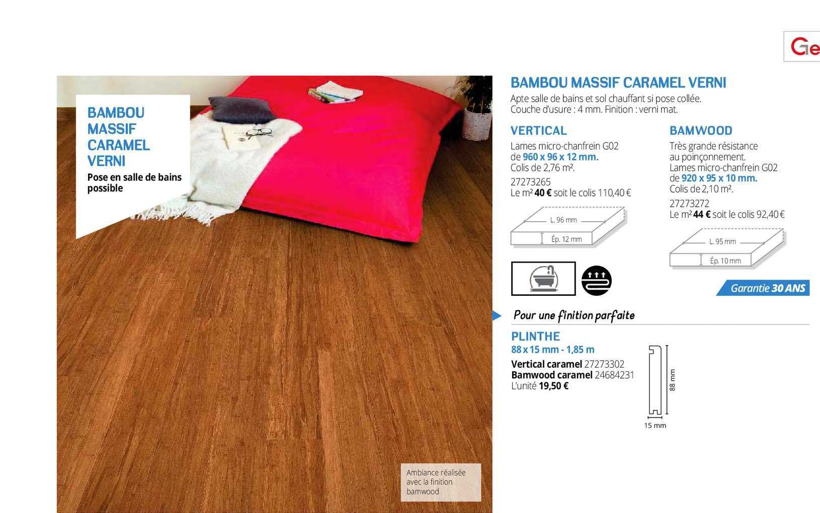 bambou massif caramel verni , plinthe 88 x 15 mm - 1,85 m