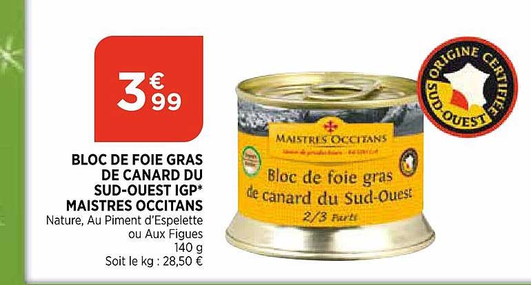 bloc de foie gras de canard du sud-ouest igp maistres occitans