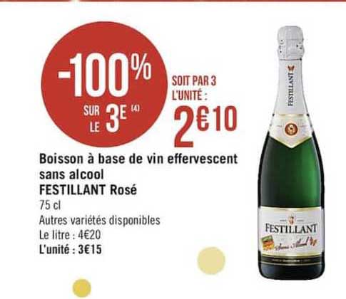boisson à base de vin effervescent sans alcool festillant rosé -100% sur le 3ème