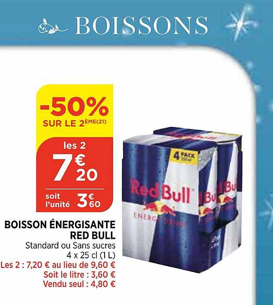 boisson énergisaante red bull -50% sur le 2ème
