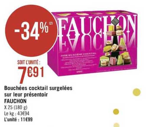 bouchées cocktail surgelées sur leur présentoir fauchon