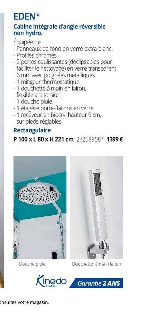 cabine intégrale d'angle réversible non hydro eden