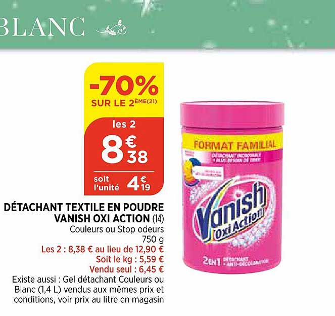détachant textile en poudre vanish oxi action -70% sur le 2ème