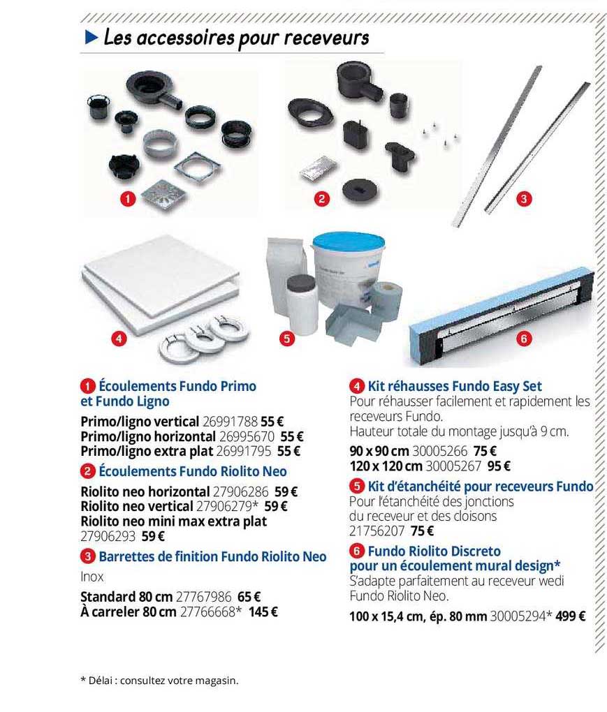 écoulement fundo primo et fundo ligno, écoulements fundo riolito neo, barrette de finition fundo riolito neo , kit réhausses  fundo easy set, kit d'étanchéité pour receveurs fundo, fundo riolito discreto