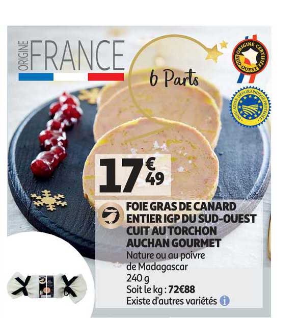 foie gras de canard entier igp du sud-ouest cuit au torchon auchan gourmet