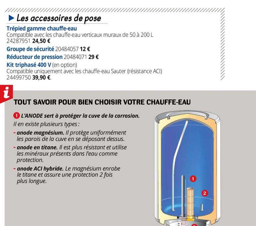 les accessoires de pose  : trépied gamme chauffe-eau,  groupe de sécurité, réducteur de pression , kit triphasé 400 v