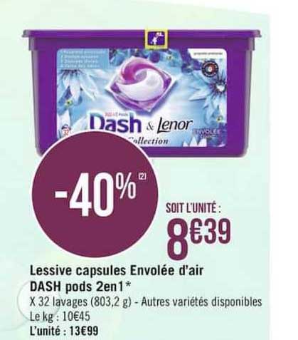 lessive capsules envolée d'air dash pods 2 en 1