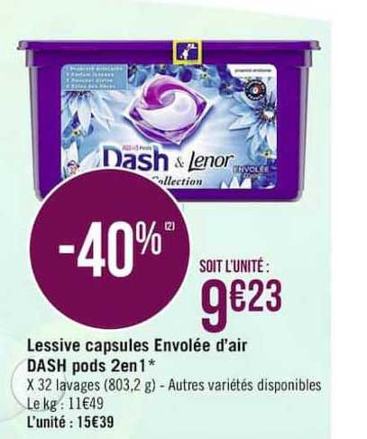 lessive capsules envolée d'air dash pods 2 en 1