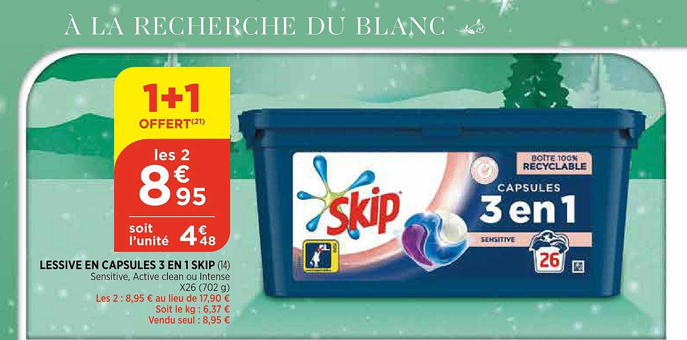 Lessive En Capsules 3 En 1 Skip 1+1 Offert