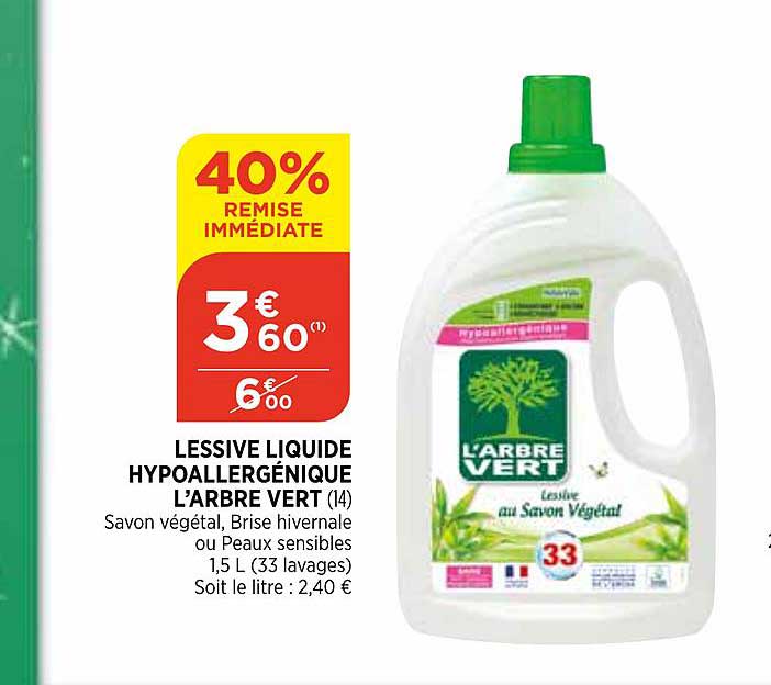 lessive liquide hypoallergénique l'arbre vert 40% de remise immédiate