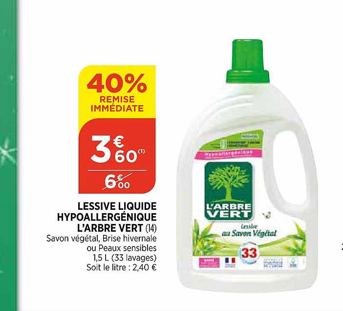 lessive liquide hypoallergénique l'arbre vert 40% de remise immédiate