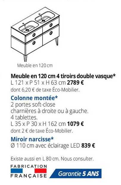 meuble en 120 cm 4 tiroirs double vasque , colonne montée, miroir narcisse
