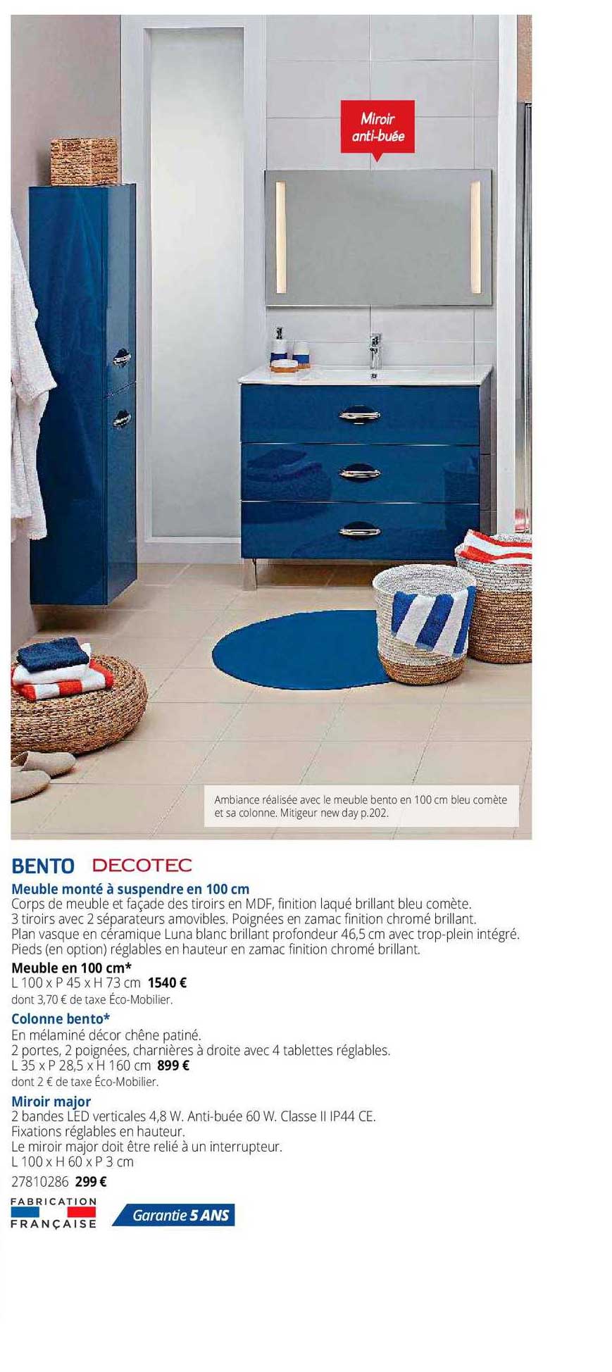 meuble monté à suspendre 100 cm, colonne bento, miroir major